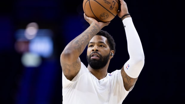 Nov 2, 2023; Philadelphia, Pennsylvania, USA; Philadelphia 76ers forward Marcus Morris Sr. before a game against the Toronto Raptors at Wells Fargo Center. Mandatory Credit: Bill Streicher-USA TODAY Sports